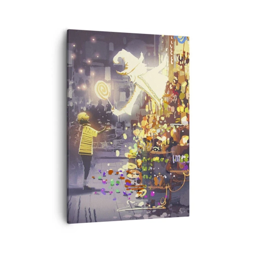Bild auf Leinwand - Leinwandbild - Eine Märchenfigur und ein Kind auf einer Straße voller Lichter und Magie - 50x70cm - Magie ist da - Moderne Wanddekoration für Wohnzimmer und Schlafzimmer ARTTOR