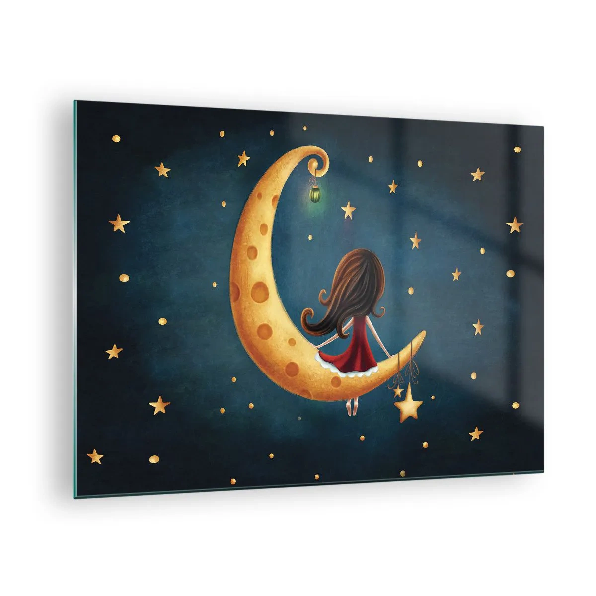 Glasbild - Bild auf glas - Ein Mädchen auf dem Mond zwischen den Sternen auf marineblauem Hintergrund - 70x50cm - Einmal… - Moderne Wanddekoration für Wohnzimmer und Schlafzimmer ARTTOR