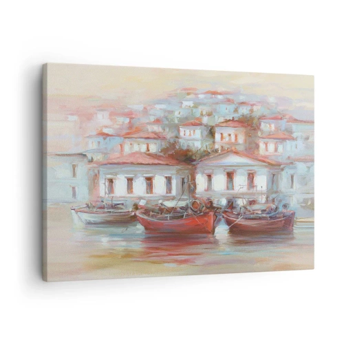 Bild auf Leinwand - Leinwandbild - Bunte Boote und malerische Gebäude am Wasser in Pastelltönen - 70x50cm - Glückliche Stadt - Moderne Wanddekoration für Wohnzimmer und Schlafzimmer ARTTOR