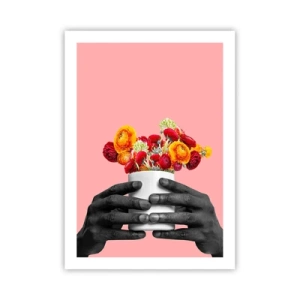 Poster - Schwarze Hände halten einen Blumenstrauß auf rosa Hintergrund - 50x70cm - Die Apotheose des Lebens - Moderne Wanddekoration für Wohnzimmer und Schlafzimmer ARTTOR