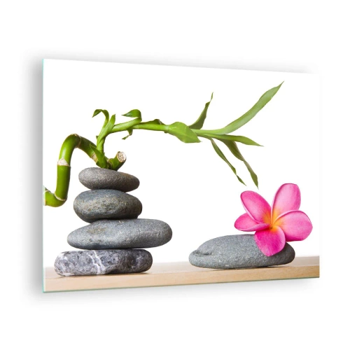 Glasbild - Bild auf glas - Bambus, rosa Blume und Steine auf weißem Hintergrund - 70x50cm - Farben des Lebens und der Dauer - Moderne Wanddekoration für Wohnzimmer und Schlafzimmer ARTTOR