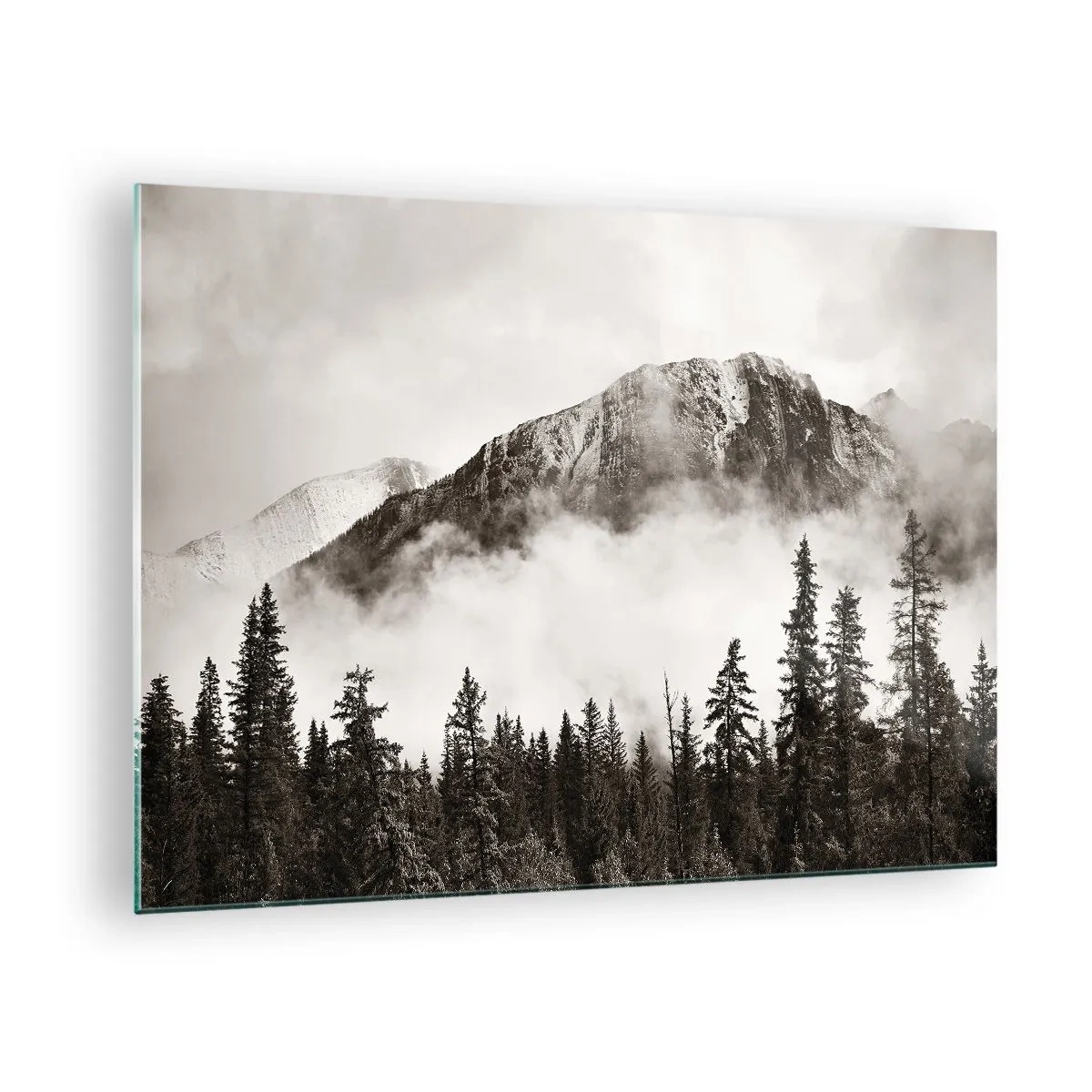 Glasbild - Bild auf glas - Berglandschaft mit Wald und Nebel in Sepiatönen - 70x50cm - Lineal aus Granit - Moderne Wanddekoration für Wohnzimmer und Schlafzimmer ARTTOR