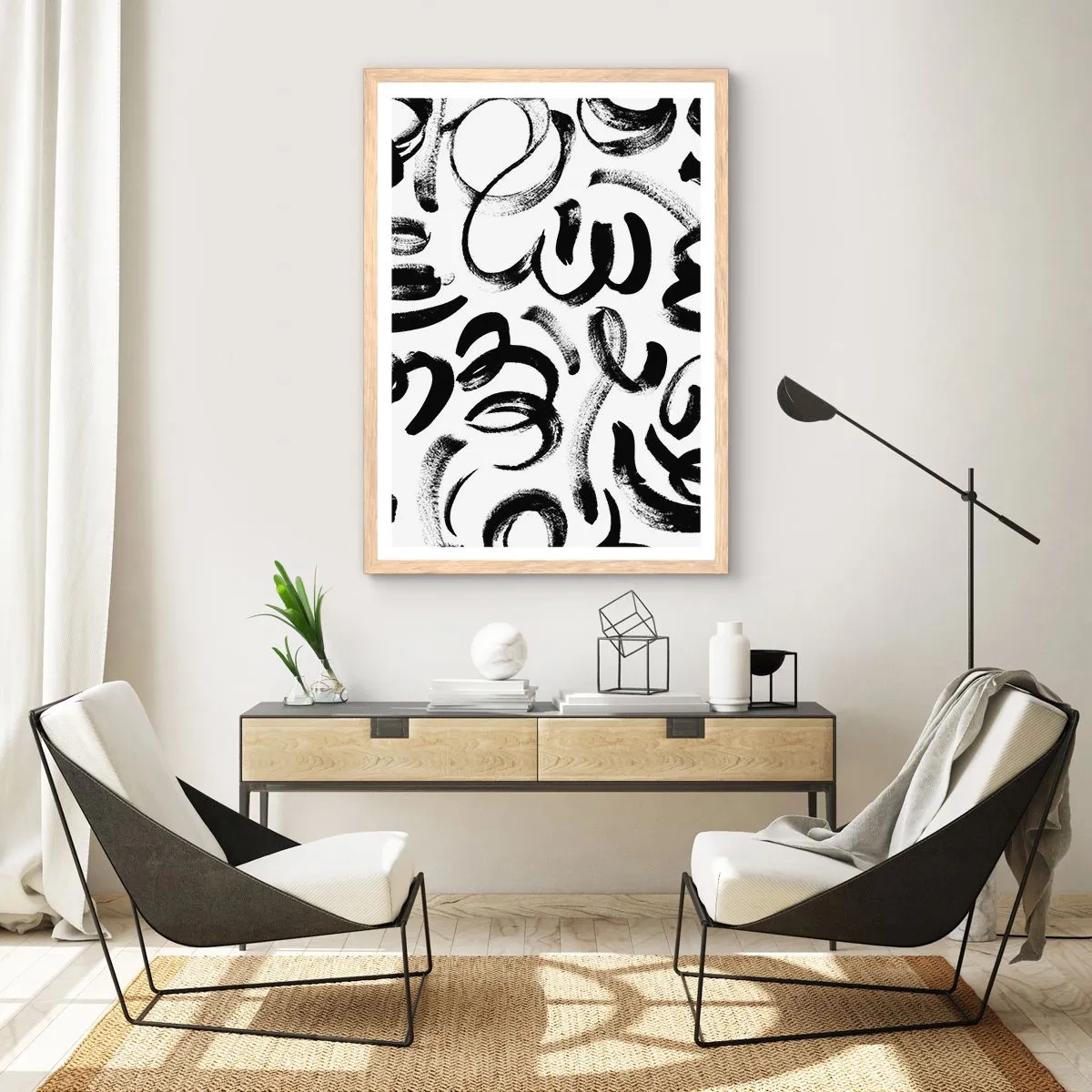 Poster in einem Rahmen aus heller Eiche - Schwarz auf Weiß - 70x100 cm