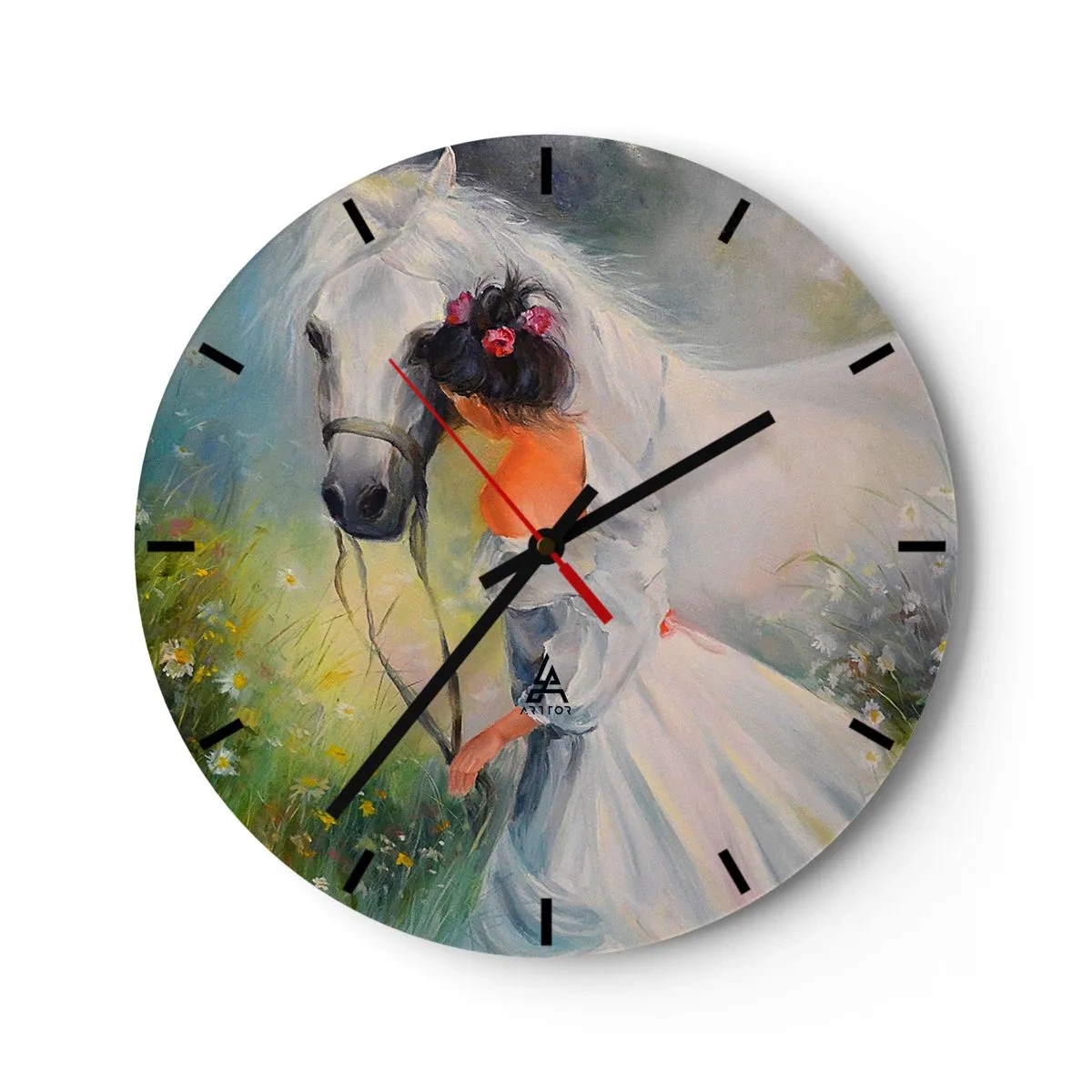 Wanduhr - Glasuhr - Eine Frau in einem weißen Kleid mit einem weißen Pferd auf einer Wiese - 30x30cm - Wie aus einem schönen Traum - Moderne Wanddekoration für Wohnzimmer, Küche und Schlafzimmer ARTTOR