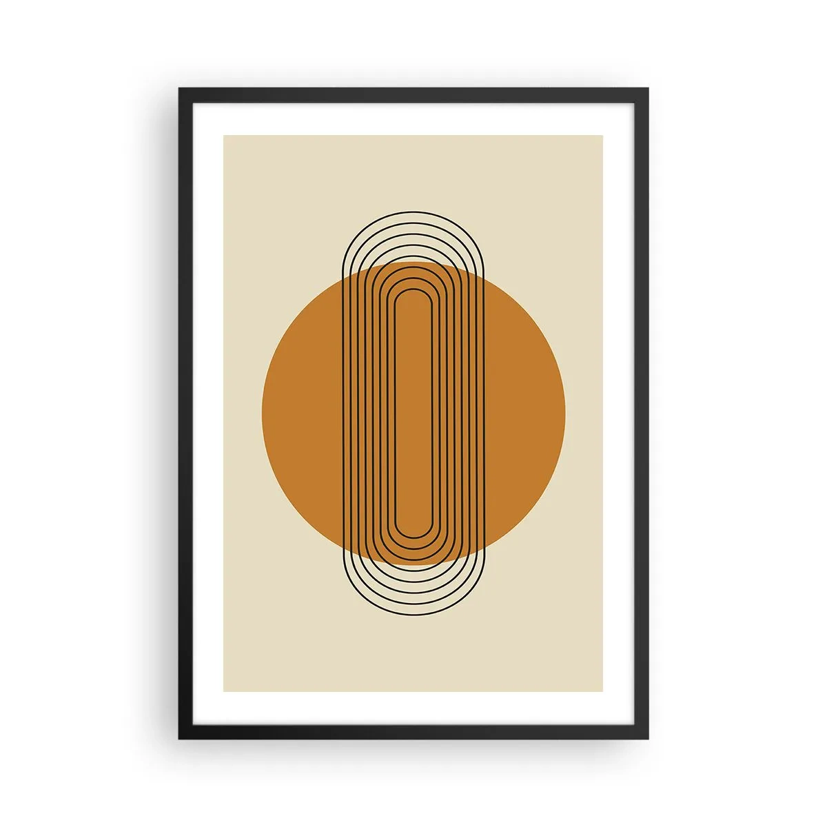 Poster in einem schwarzem Rahmen - Geometrisches Muster mit orangefarbenen Kreisen und Linien - 50x70cm - Perfekter Plan - Moderne Wanddekoration für Wohnzimmer und Schlafzimmer ARTTOR