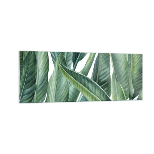 Glasbild - Bild auf glas - Grüne Blätter im minimalistischen, botanischen Stil - 140x50cm - An und für sich Grün - Moderne Wanddekoration für Wohnzimmer und Schlafzimmer ARTTOR