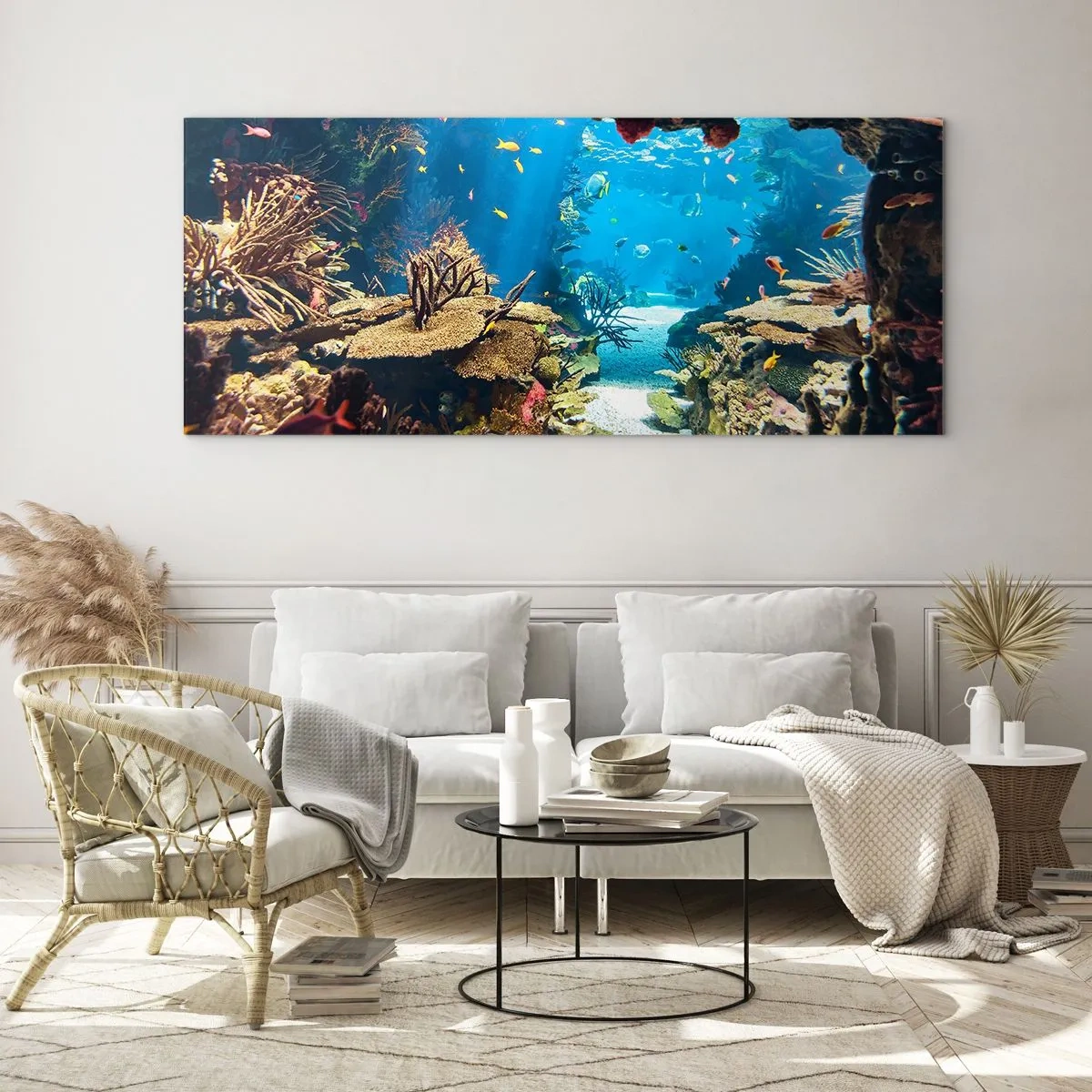Glasbild - Bild auf glas - Unterwasserwelt mit Korallenriff und Fischen - 160x50cm - Du hast es noch nicht einmal geträumt - Moderne Wanddekoration für Wohnzimmer und Schlafzimmer ARTTOR