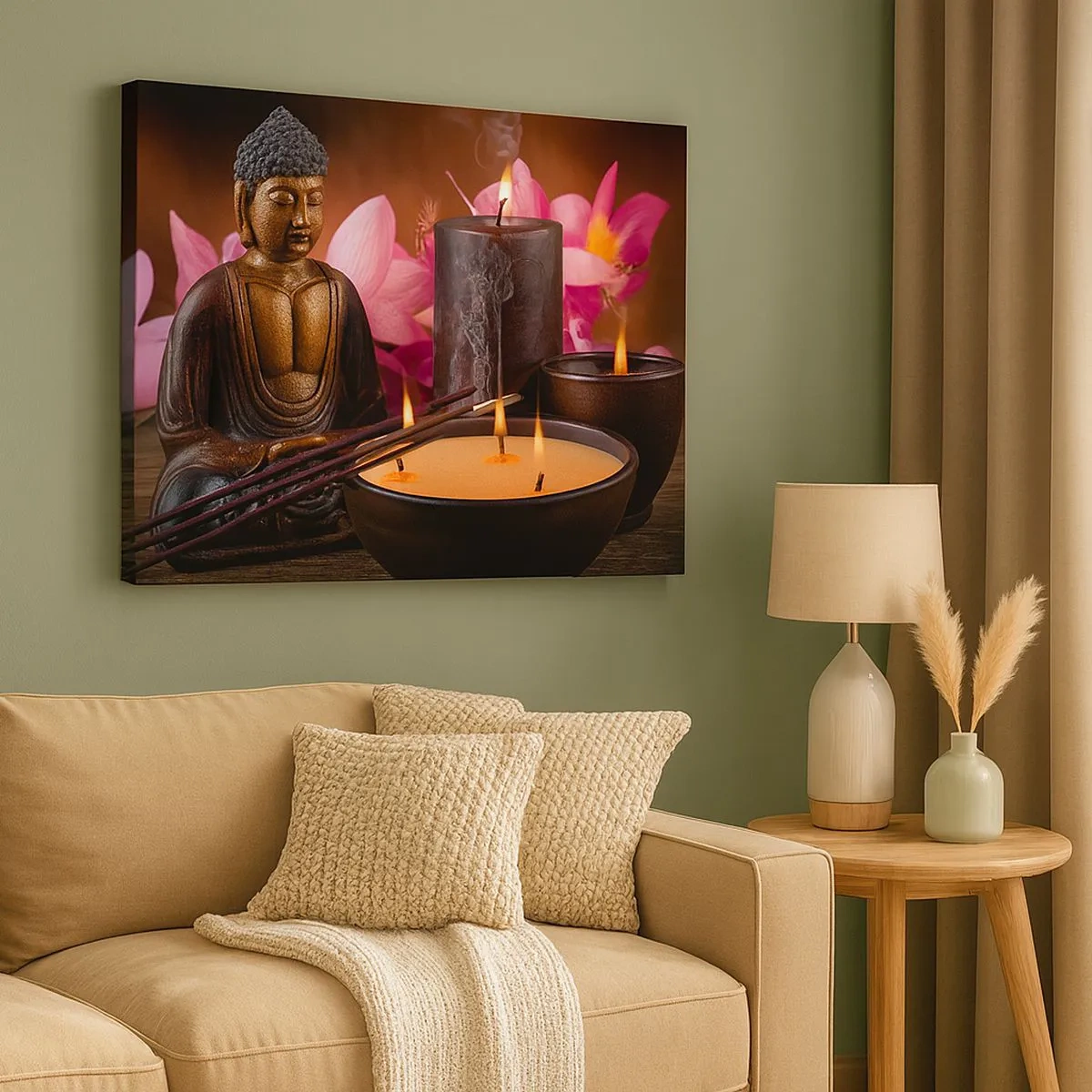 Bild auf Leinwand - Leinwandbild - Buddha-Figur mit brennenden Kerzen und Räucherstäbchen - 70x50cm - Den Geist frei machen, den Körper beruhigen - Moderne Wanddekoration für Wohnzimmer und Schlafzimmer ARTTOR
