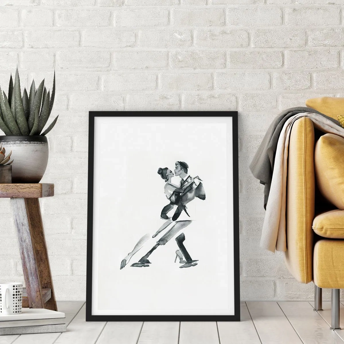 Poster in einem schwarzem Rahmen - Schwarz-weißes Aquarell eines tanzenden Paares - 50x70cm - In einem Schlag - Moderne Wanddekoration für Wohnzimmer und Schlafzimmer ARTTOR