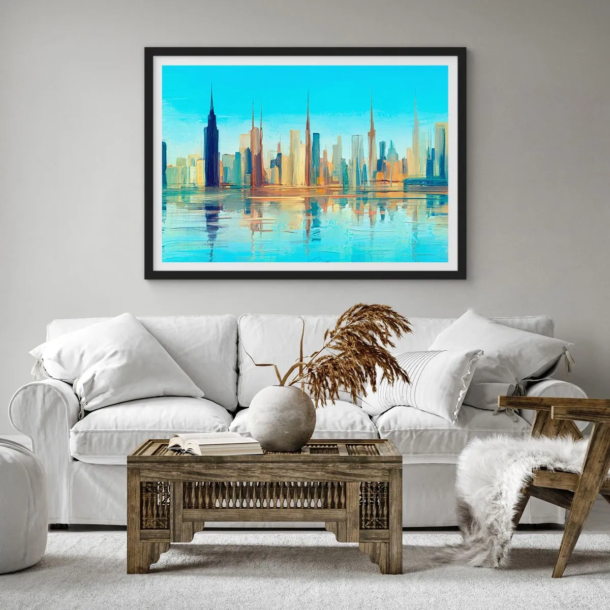 Poster in einem schwarzem Rahmen - Ein Panorama der Stadt in warmen Farben mit Spiegelung im Wasser - 70x50cm - Sonnige Metropole - Moderne Wanddekoration für Wohnzimmer und Schlafzimmer ARTTOR