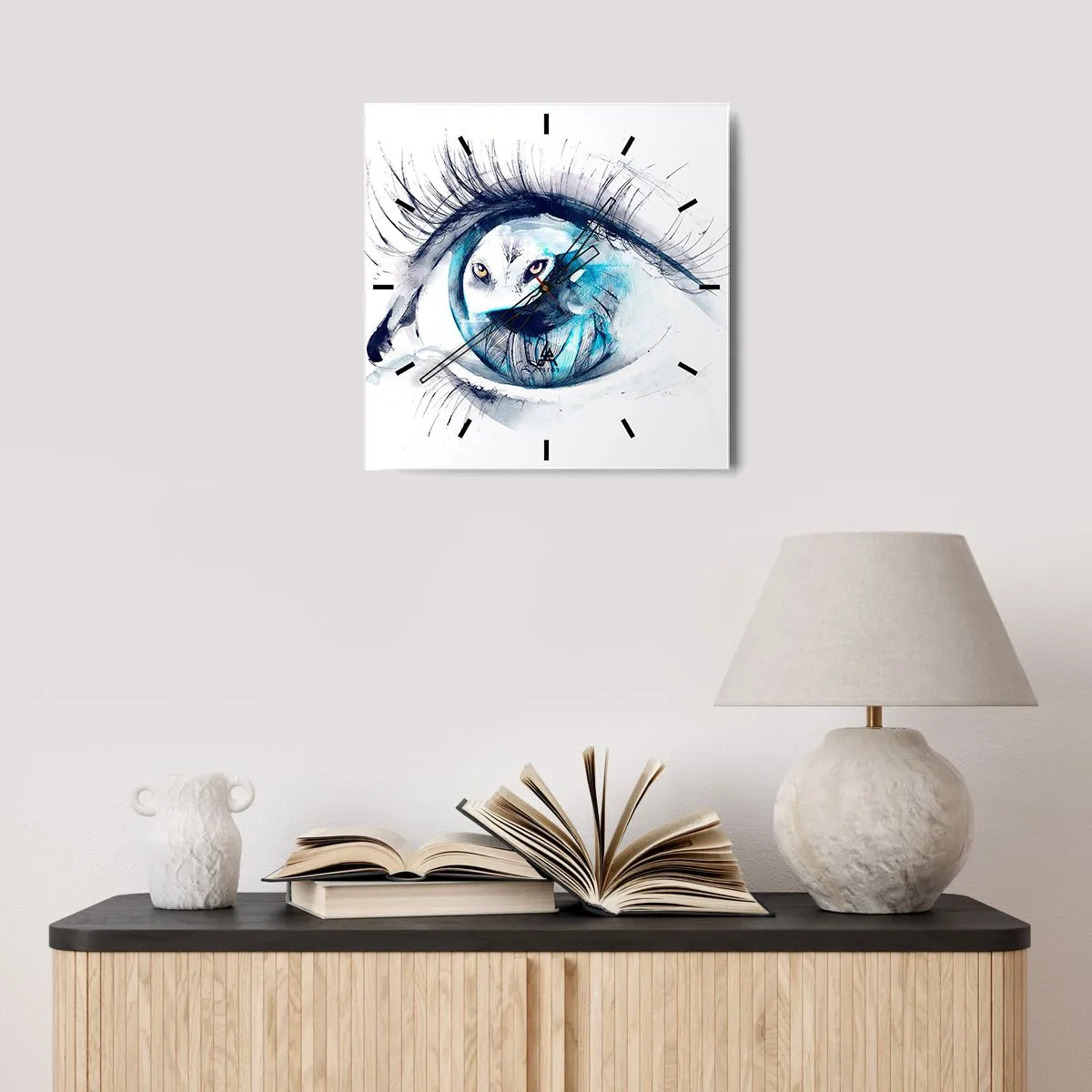 Wanduhr - Glasuhr - Ein Auge mit dem Bild einer Eule in Aquarell-Blautönen - 30x30cm - Auge in Auge mit Wildheit - Moderne Wanddekoration für Wohnzimmer und Schlafzimmer ARTTOR