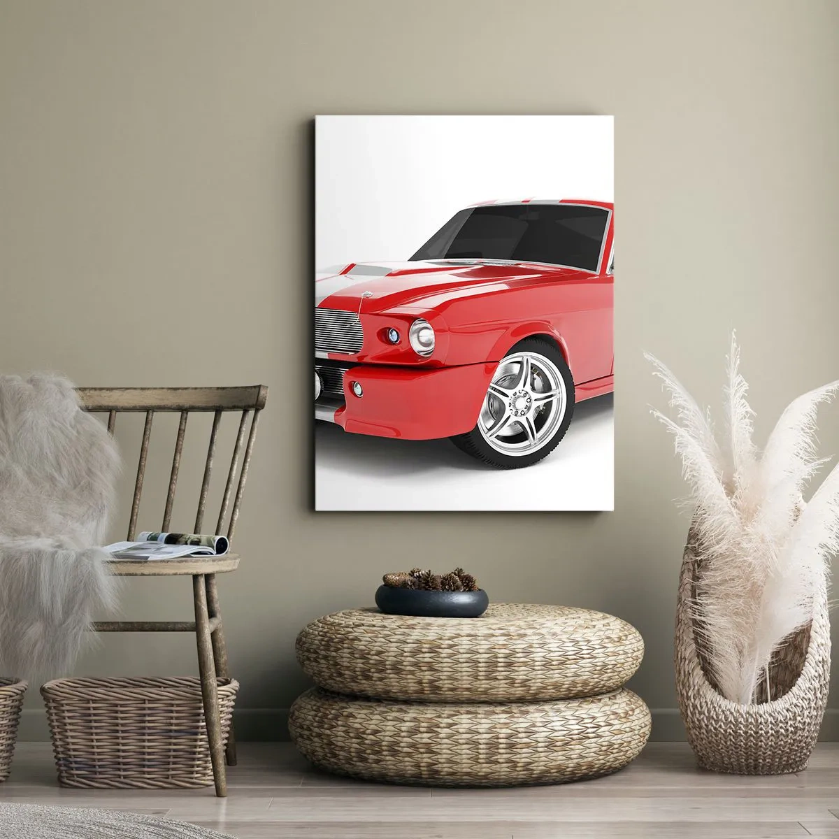 Bild auf Leinwand - Leinwandbild - Roter Sportwagen mit weißen Streifen - 70x100cm - Ein Mustang so schnell wie der Wind - Moderne Wanddekoration für Wohnzimmer und Schlafzimmer ARTTOR