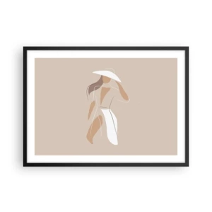 Poster in einem schwarzem Rahmen - Eine minimalistische Zeichnung einer Frau mit Hut auf beigem Hintergrund. - 70x50cm - Mode macht Spaß - Moderne Wanddekoration für Wohnzimmer und Schlafzimmer ARTTOR