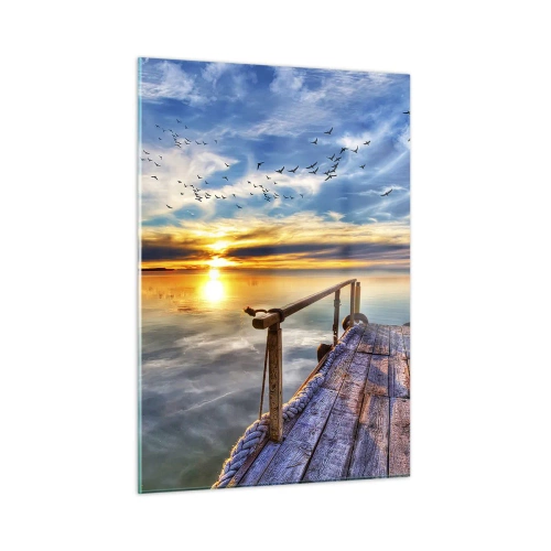 Glasbild - Bild auf glas - Lakeside Pier bei Sonnenuntergang mit Vögeln am Himmel - 50x70cm - Der Wind geht zur Ruhe - Moderne Wanddekoration für Wohnzimmer und Schlafzimmer ARTTOR