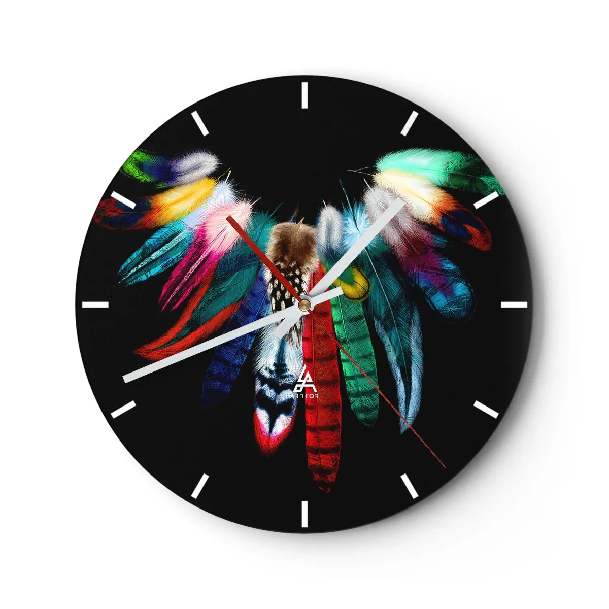 Wanduhr - Glasuhr - Bunte Federn auf schwarzem Hintergrund - 30x30cm - Indische Halskette - Moderne Wanddekoration für Wohnzimmer, Küche und Schlafzimmer ARTTOR