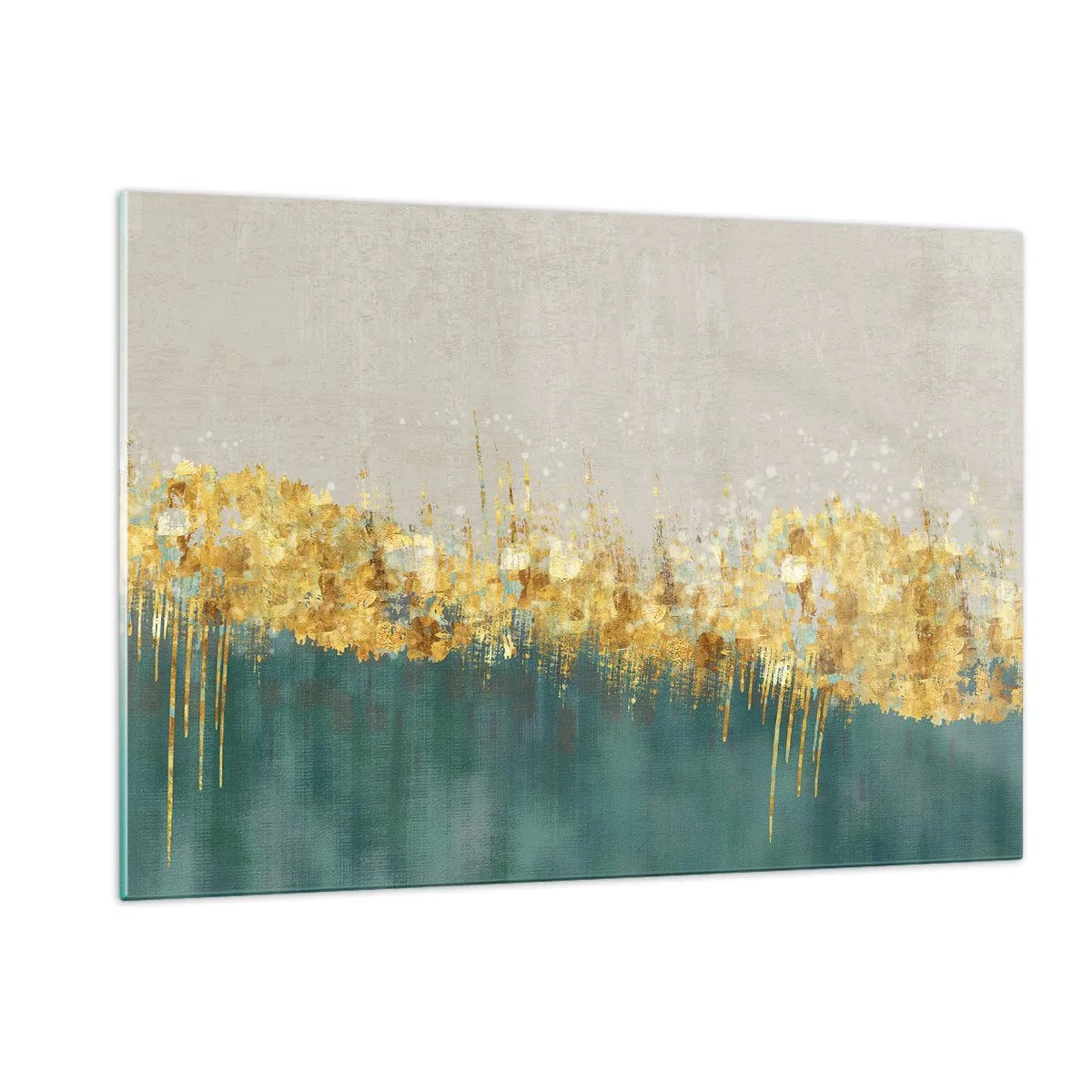 Glasbild - Bild auf glas - Goldakzente schaffen eine Grenze zwischen Beige und Flaschengrün - 120x80cm - Goldener Rand - Moderne Wanddekoration für Wohnzimmer und Schlafzimmer ARTTOR