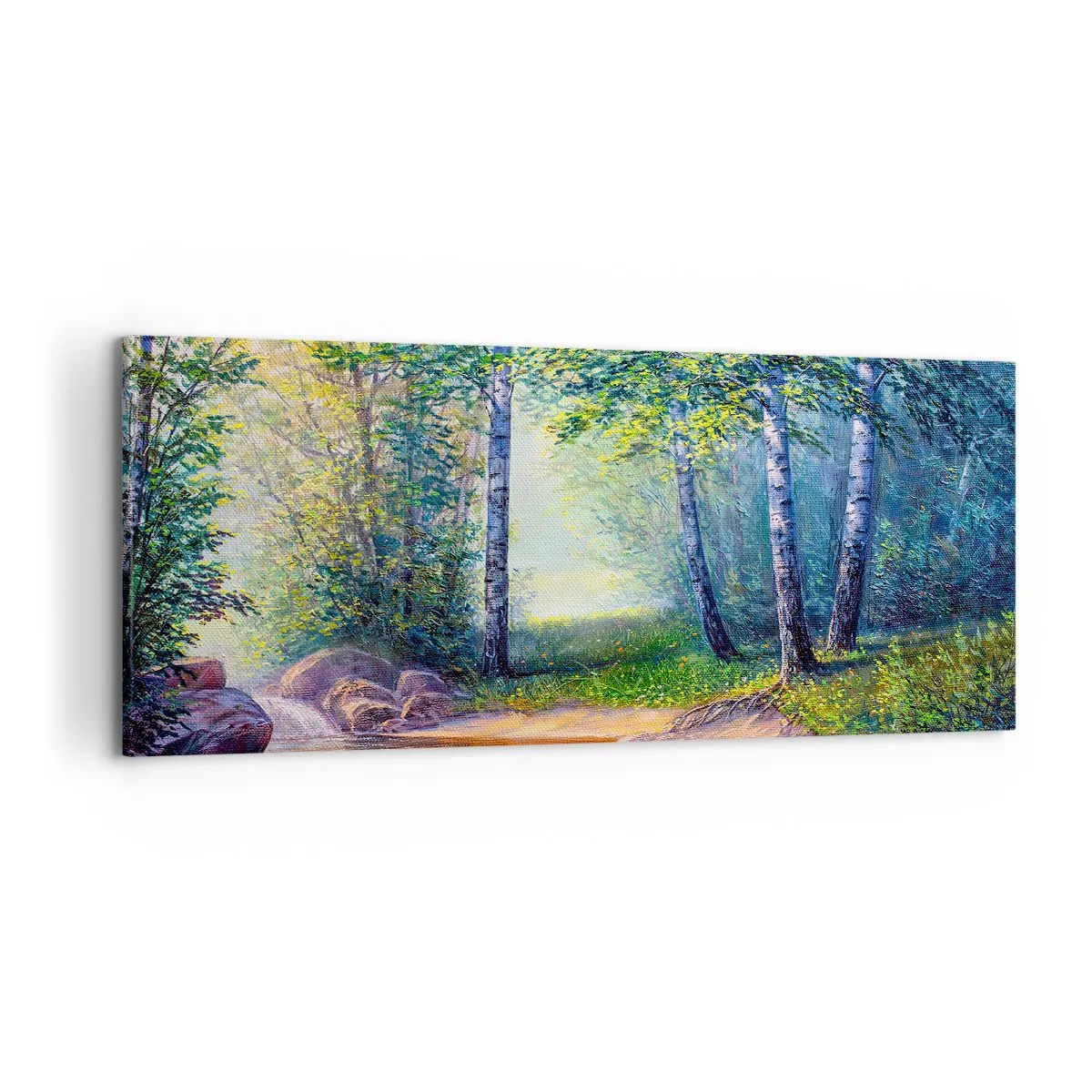 Bild auf Leinwand - Leinwandbild - Ein Waldbach, umgeben von Birken und Sonnenschein - 120x50cm - Idyllische Landschaft - Moderne Wanddekoration für Wohnzimmer und Schlafzimmer ARTTOR