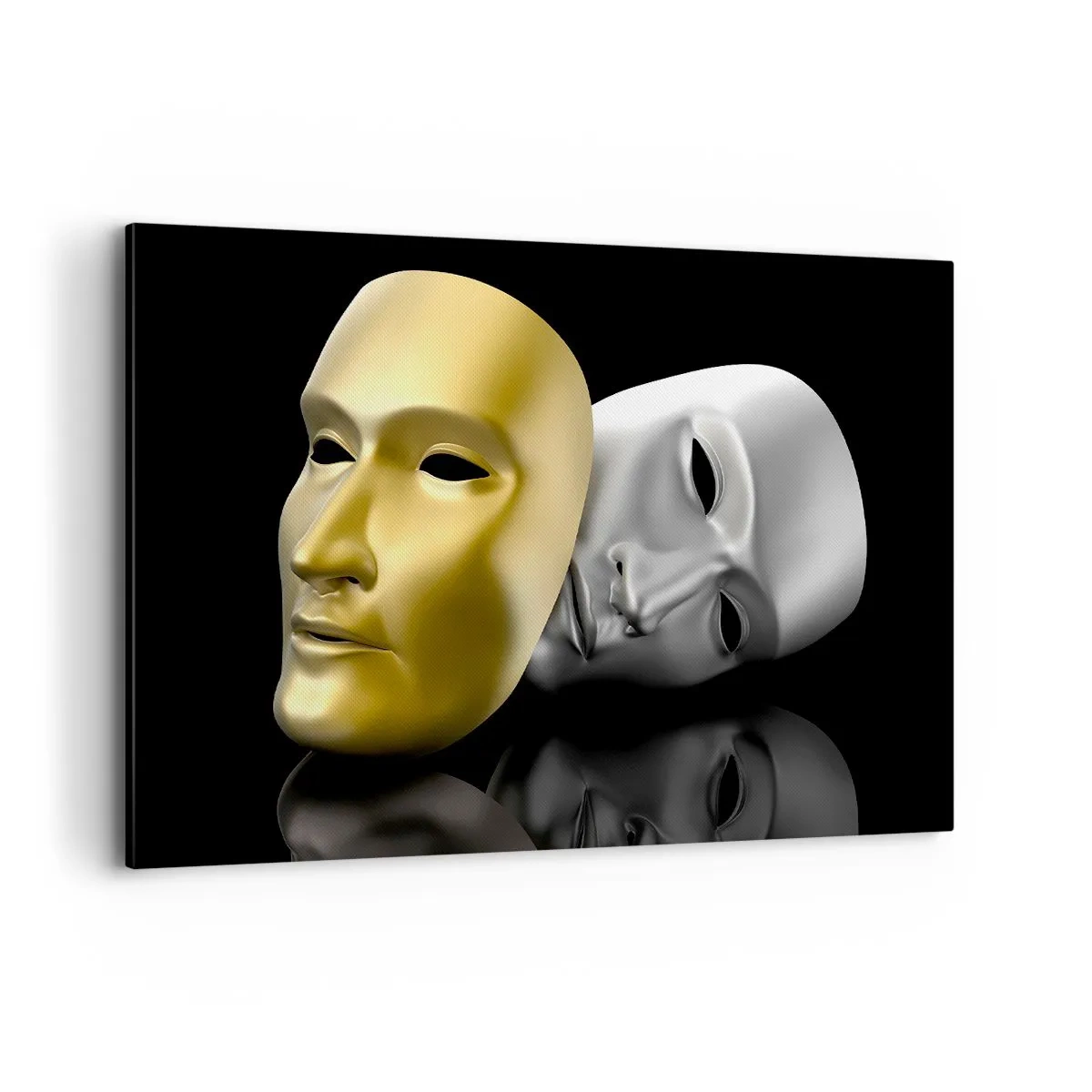 Bild auf Leinwand - Leinwandbild - Gold- und Silbermaske auf schwarzem Hintergrund - 120x80cm - Das Leben ist wie ein Theater - Moderne Wanddekoration für Wohnzimmer und Schlafzimmer ARTTOR