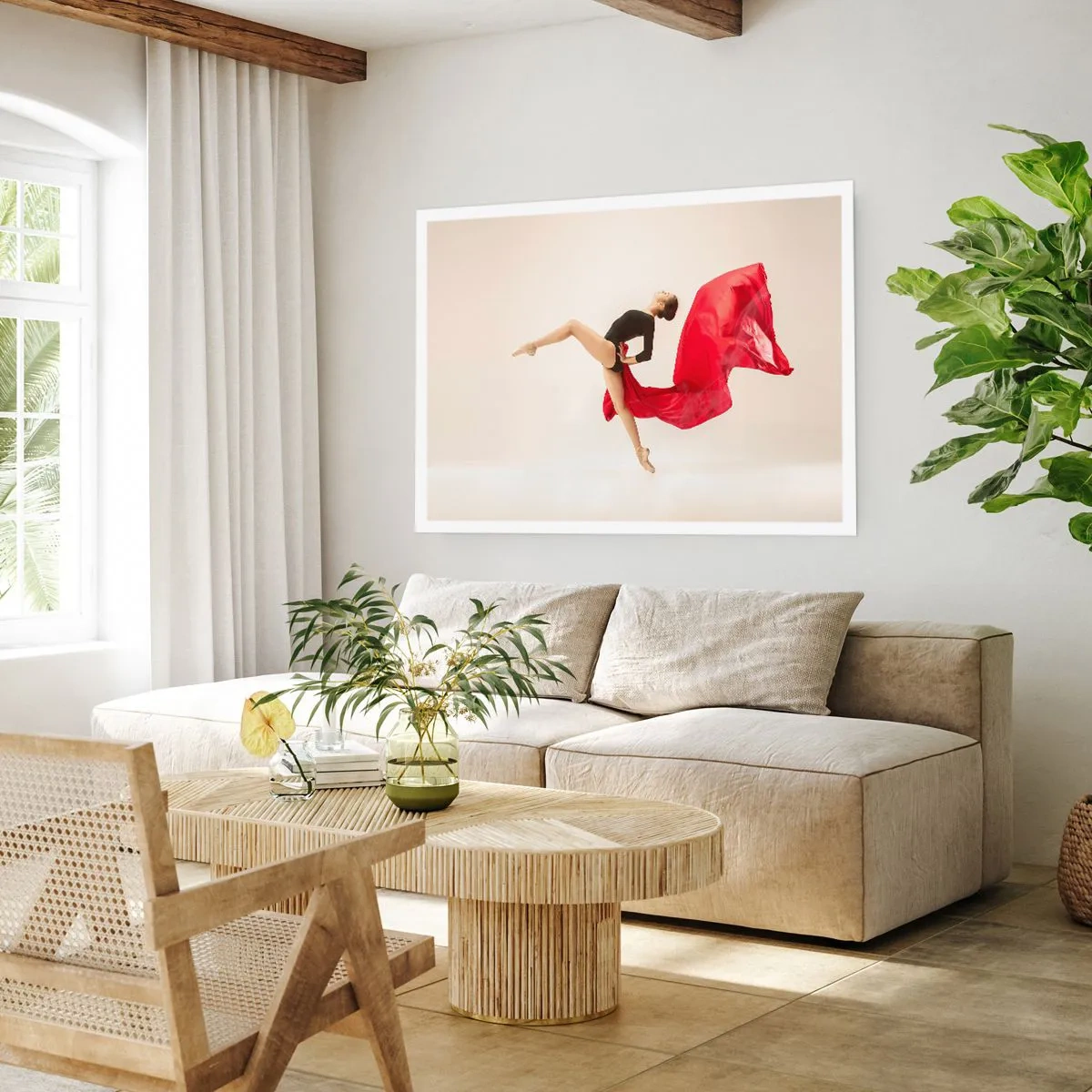 Poster - Eine dynamische Tänzerin in schwarzem Outfit und rotem Stoff in Bewegung. - 100x70cm - Rot und Schwarz - Moderne Wanddekoration für Wohnzimmer und Schlafzimmer ARTTOR