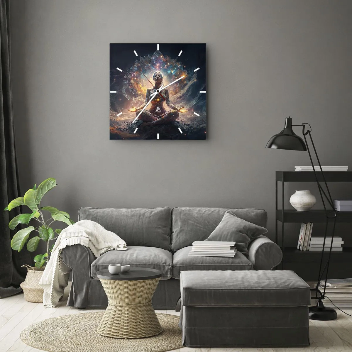 Wanduhr - Glasuhr - Eine meditierende Figur, umgeben von energetischen Mustern und Farben. - 30x30cm - Fluss guter Energie - Moderne Wanddekoration für Wohnzimmer und Schlafzimmer ARTTOR