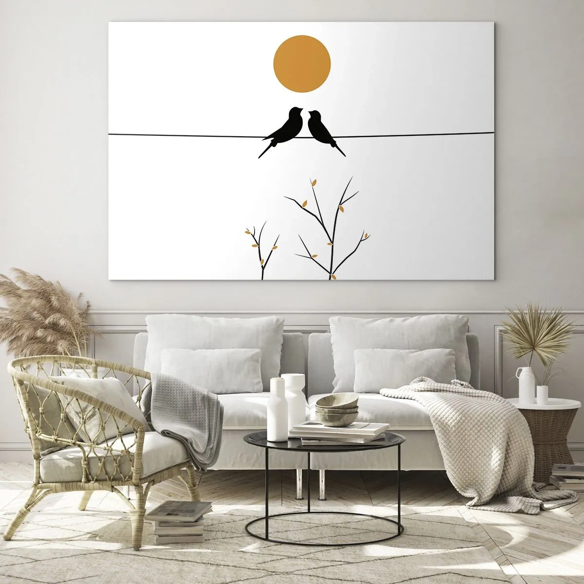 Glasbild - Bild auf glas - Vögel auf einer Linie unter einer orangefarbenen Sonne - 70x50cm - Abend der Nachtigallen - Moderne Wanddekoration für Wohnzimmer und Schlafzimmer ARTTOR
