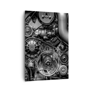 Bild auf Leinwand - Leinwandbild - Schwarz-Weiß-Nahaufnahme der mechanischen Details eines Automotors. - 70x100cm - Die Poesie der Mechanik - Moderne Wanddekoration für Wohnzimmer und Schlafzimmer ARTTOR