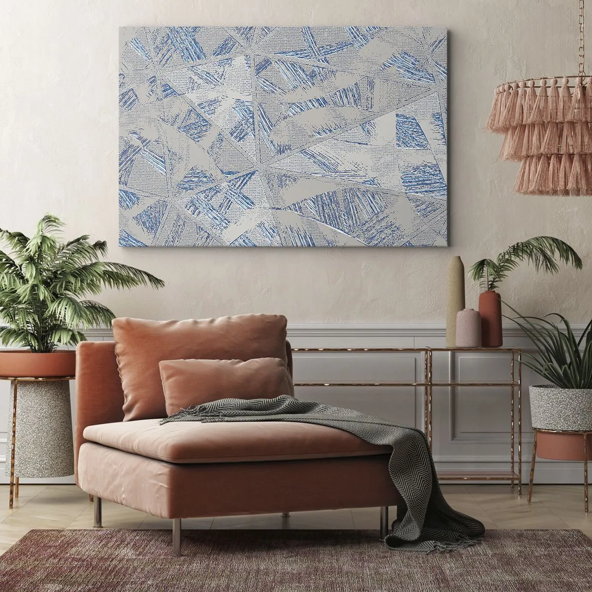 Bild auf Leinwand - Leinwandbild - Geometrische Muster in Blau- und Grautönen - 100x70cm - In einem blaugrauen Labyrinth - Moderne Wanddekoration für Wohnzimmer und Schlafzimmer ARTTOR