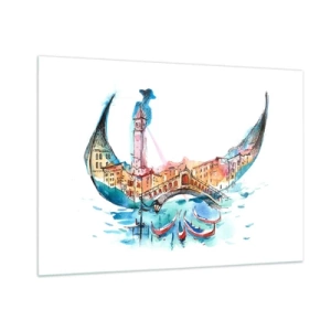 Glasbild - Bild auf glas - Aquarellpanorama von Venedig in Form einer Maske - 100x70cm - Wir segeln durch die Stadt - Moderne Wanddekoration für Wohnzimmer und Schlafzimmer ARTTOR