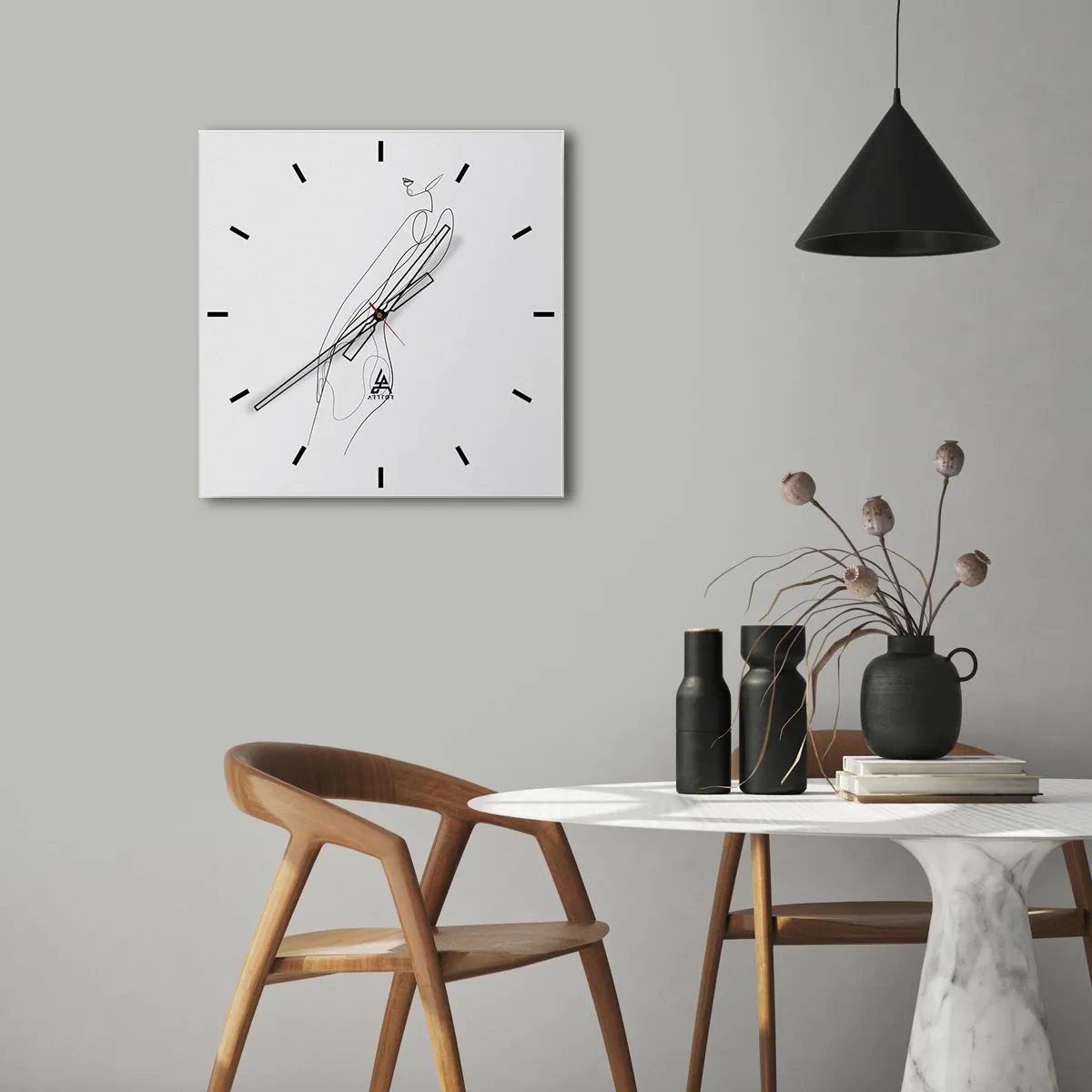 Wanduhr - Glasuhr - Eine minimalistische Linie, die eine Silhouette vor einem hellen Hintergrund zeigt - 30x30cm - Bloß ein Versprechen - Moderne Wanddekoration für Wohnzimmer und Schlafzimmer ARTTOR