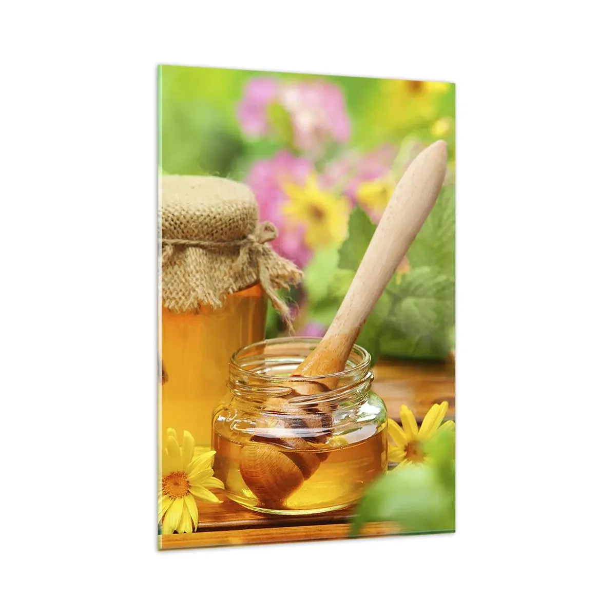 Glasbild - Bild auf glas - Honiggläser mit Blumen vor dem Hintergrund eines Sommergartens - 80x120cm - Süß und blumig - Moderne Wanddekoration für Wohnzimmer und Schlafzimmer ARTTOR