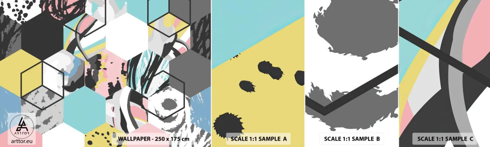 Fototapeten Muster Selbstklebend Deluxe Sticker - Sechsecke und Würfel in sechs Farben - Abstraktion, Stück, Modernes Muster - 100x30 cm