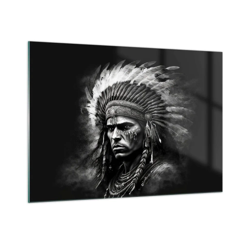 Glasbild - Bild auf glas - Schwarz-Weiß-Porträt eines Kriegers mit Federkopfschmuck - 100x70cm - Anführer und Krieger - Moderne Wanddekoration für Wohnzimmer und Schlafzimmer ARTTOR
