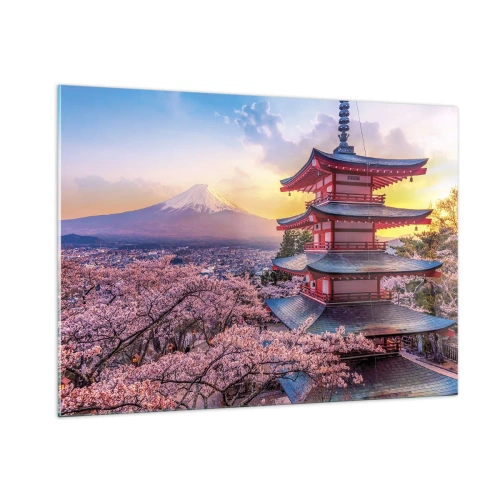 Glasbild - Bild auf glas - Eine Pagode in einer japanischen Landschaft mit Blick auf den Berg Fuji und blühende Bäume - 100x70cm - Die Essenz des japanischen Geistes - Moderne Wanddekoration für Wohnzimmer und Schlafzimmer ARTTOR