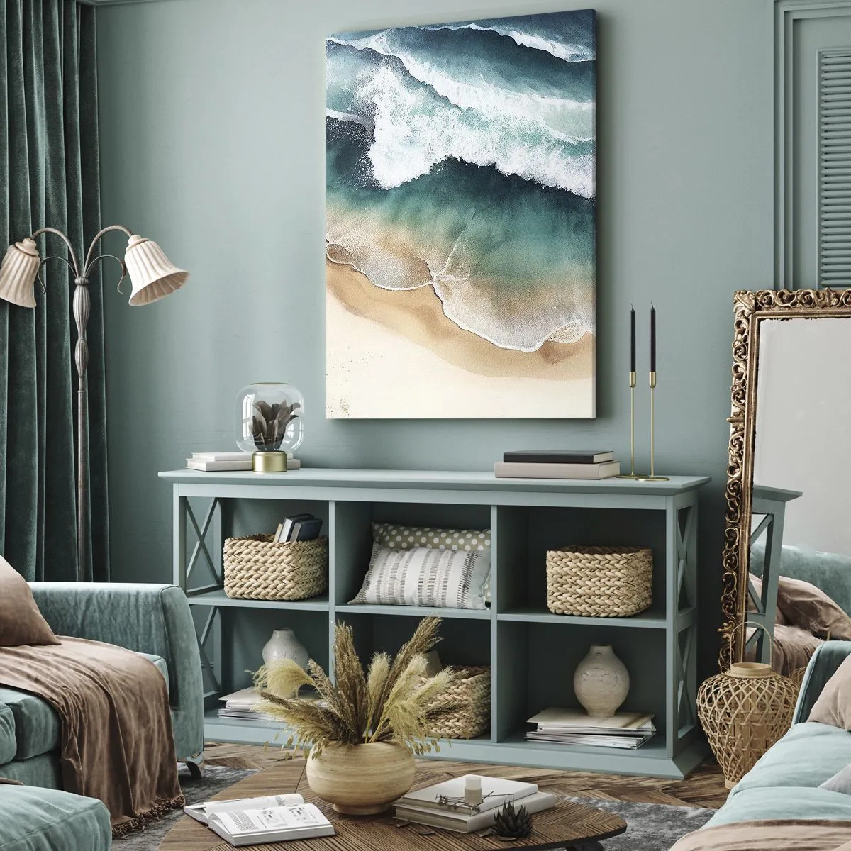 Bild auf Leinwand - Leinwandbild - Blick auf den Strand und die Meereswellen in Türkistönen - 50x70cm - Das ewige Treffen - Moderne Wanddekoration für Wohnzimmer und Schlafzimmer ARTTOR