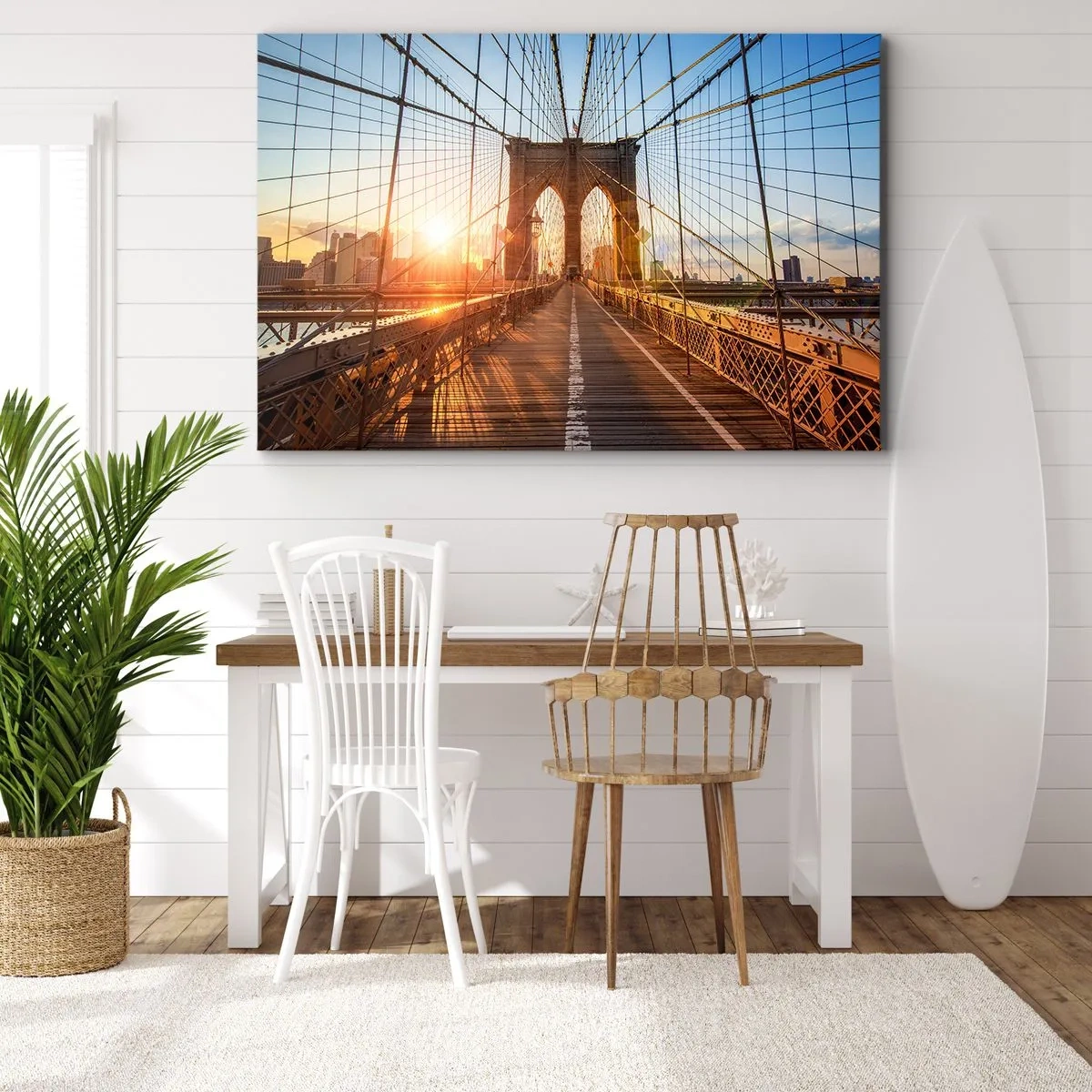 Bild auf Leinwand - Leinwandbild - Die Brücke im Licht der untergehenden Sonne mit Blick auf die Stadt - 70x50cm - Auf der goldenen Brücke - Moderne Wanddekoration für Wohnzimmer und Schlafzimmer ARTTOR