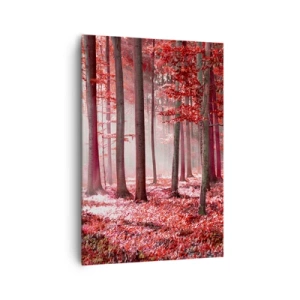 Bild auf Leinwand - Leinwandbild - Ein atemberaubender Wald in roten Farbtönen mit Lichtstrahlen, die durch die Bäume dringen - 70x100cm - Rot ist genauso schön - Moderne Wanddekoration für Wohnzimmer und Schlafzimmer ARTTOR