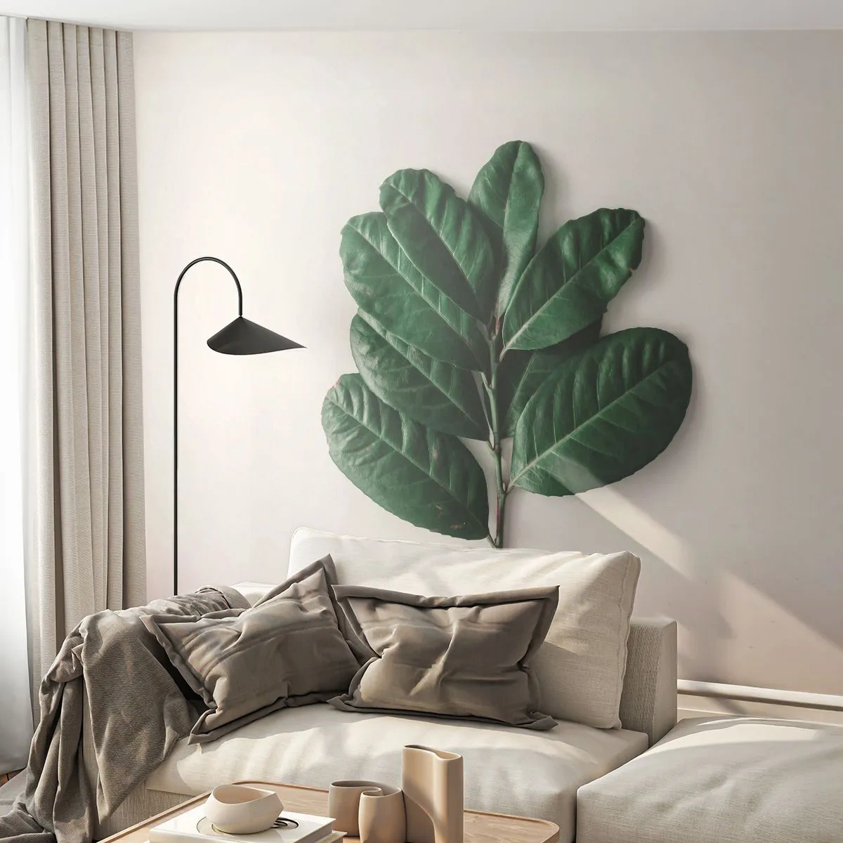Fototapete Premium Sand - Ein grüner Zweig mit großen Blättern auf hellem Hintergrund - 100x70cm - Eine Zeichnung purer Natur - Moderne Wanddekoration für Wohnzimmer und Schlafzimmer ARTTOR