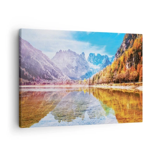 Bild auf Leinwand - Leinwandbild - Herbstliche Berglandschaft mit See - 70x50cm - Und in den Bergen ist es schon Herbst - Moderne Wanddekoration für Wohnzimmer und Schlafzimmer ARTTOR
