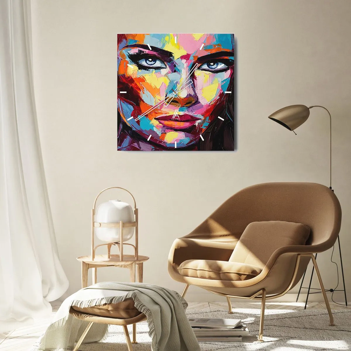 Wanduhr - Glasuhr - Ein farbenfrohes abstraktes Porträt einer Frau in intensiven Farben. - 30x30cm - Auch die Seele ist bunt - Moderne Wanddekoration für Wohnzimmer und Schlafzimmer ARTTOR