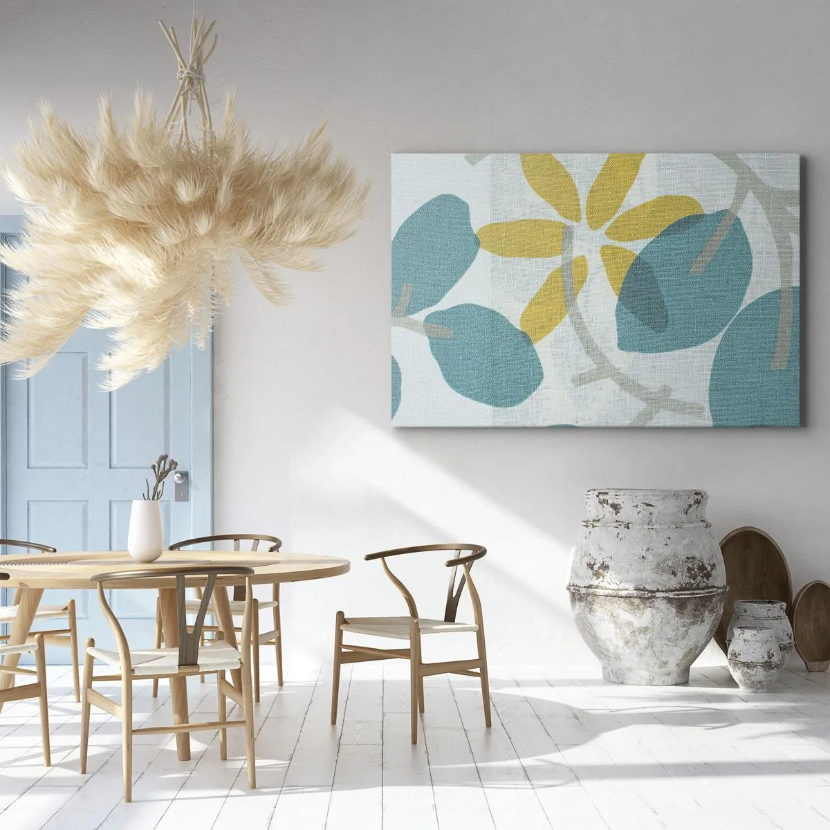 Bild auf Leinwand - Leinwandbild - Blätter in Türkis- und Gelbtönen auf hellem Hintergrund - 120x80cm - Unter den azurblauen Blättern - Moderne Wanddekoration für Wohnzimmer und Schlafzimmer ARTTOR