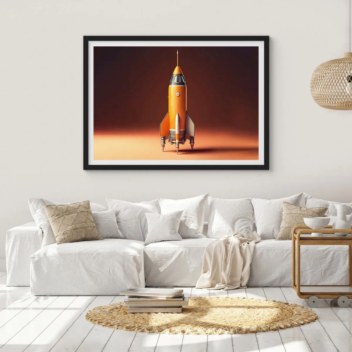 Poster in einem schwarzem Rahmen - Eine Rakete im Retro-Stil vor einem Hintergrund in Brauntönen - 70x50cm - Es beginnt mit einem Traum - Moderne Wanddekoration für Wohnzimmer und Schlafzimmer ARTTOR
