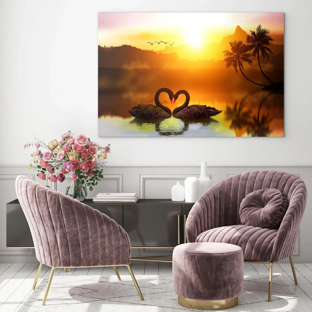 Glasbild - Bild auf glas - Schwarze Schwäne auf dem See bei Sonnenuntergang - 70x50cm - Alles passt zusammen - Moderne Wanddekoration für Wohnzimmer und Schlafzimmer ARTTOR