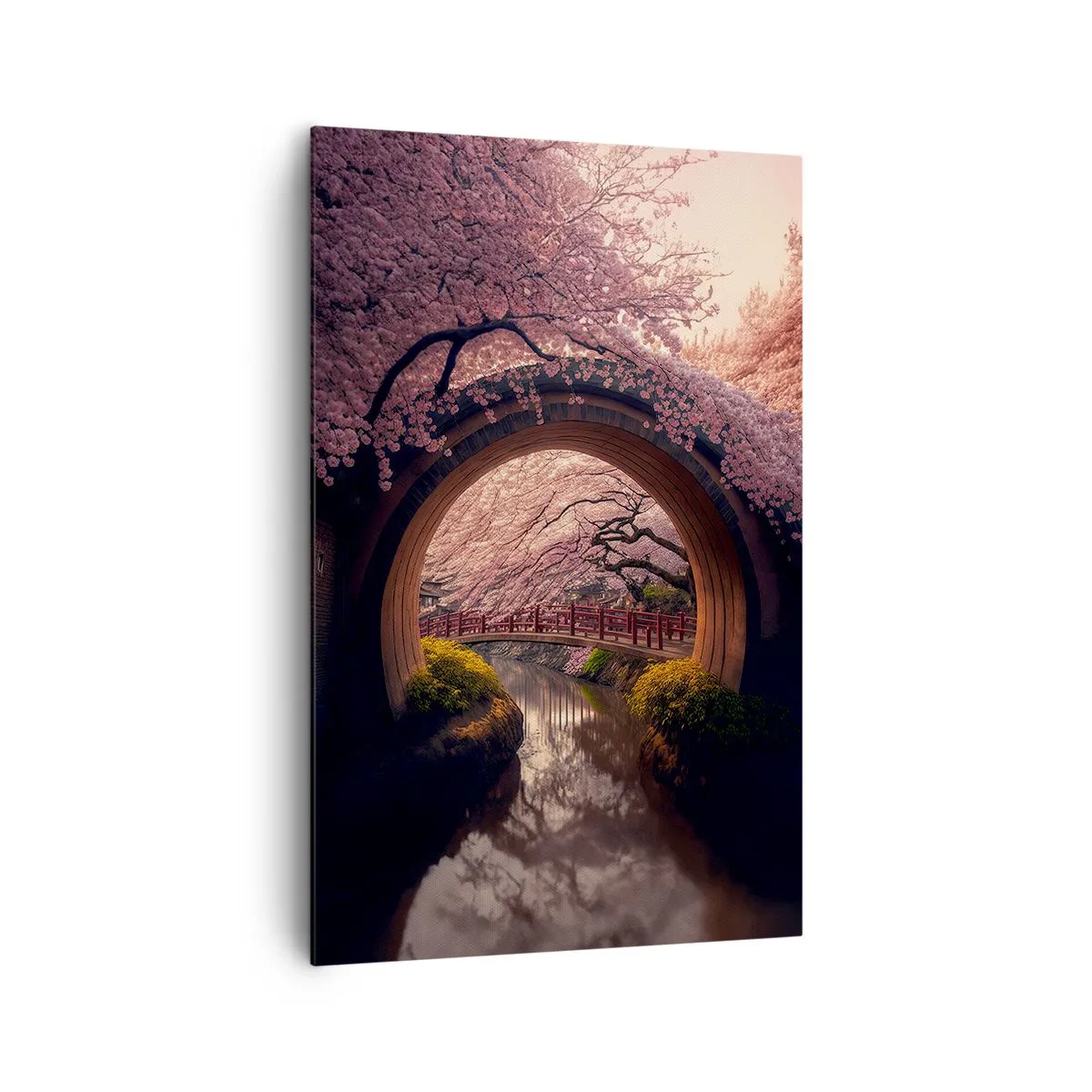 Bild auf Leinwand - Leinwandbild - Eine traditionelle japanische Brücke, umgeben von Kirschblüten - 80x120cm - Japanischer Frühling - Moderne Wanddekoration für Wohnzimmer und Schlafzimmer ARTTOR