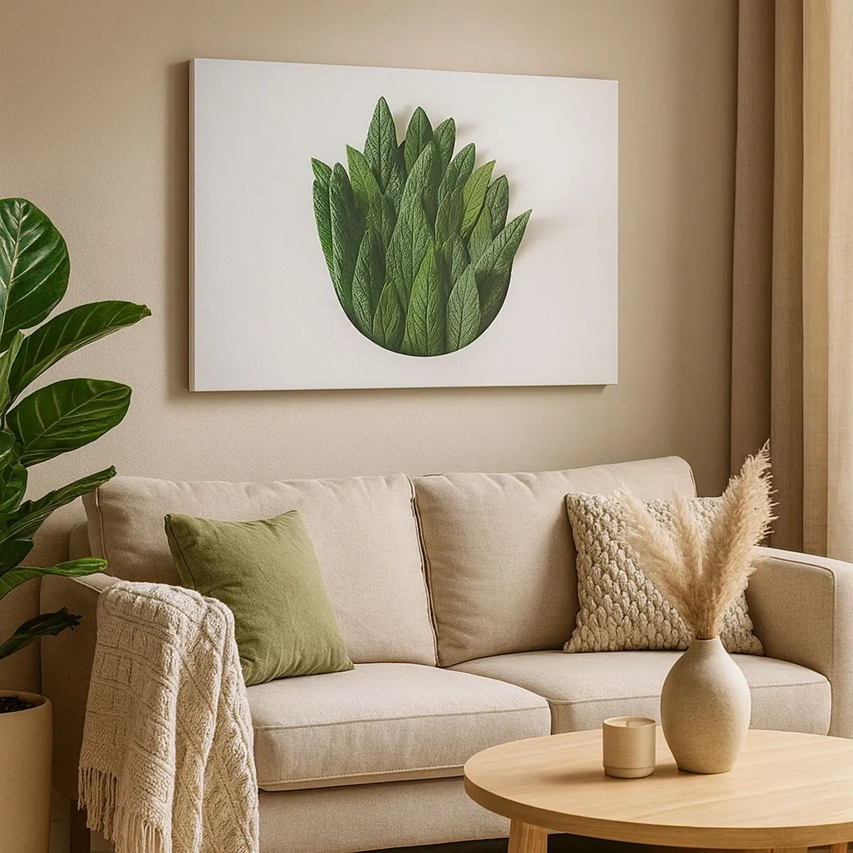 Bild auf Leinwand - Leinwandbild - Eine Komposition aus grünen Blättern auf hellem Hintergrund - 70x50cm - Ungebremste Neugier - Moderne Wanddekoration für Wohnzimmer und Schlafzimmer ARTTOR