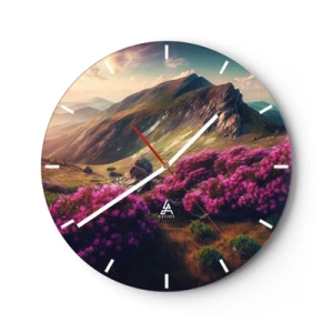 Wanduhr - Glasuhr - Sommerliche Berglandschaft mit lila Blumen und Sonnenuntergang - 30x30cm - Sommer in den Bergen - Moderne Wanddekoration für Wohnzimmer, Küche und Schlafzimmer ARTTOR