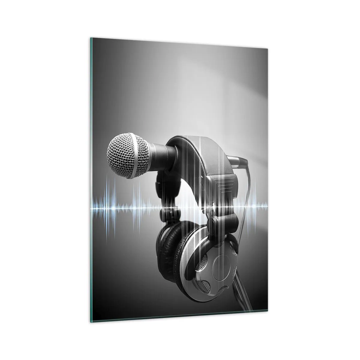 Glasbild - Bild auf glas - Mikrofon mit Kopfhörern vor einem Hintergrund aus Schallwellen - 50x70cm - Du kannst immer noch den Gesang hören - Moderne Wanddekoration für Wohnzimmer und Schlafzimmer ARTTOR