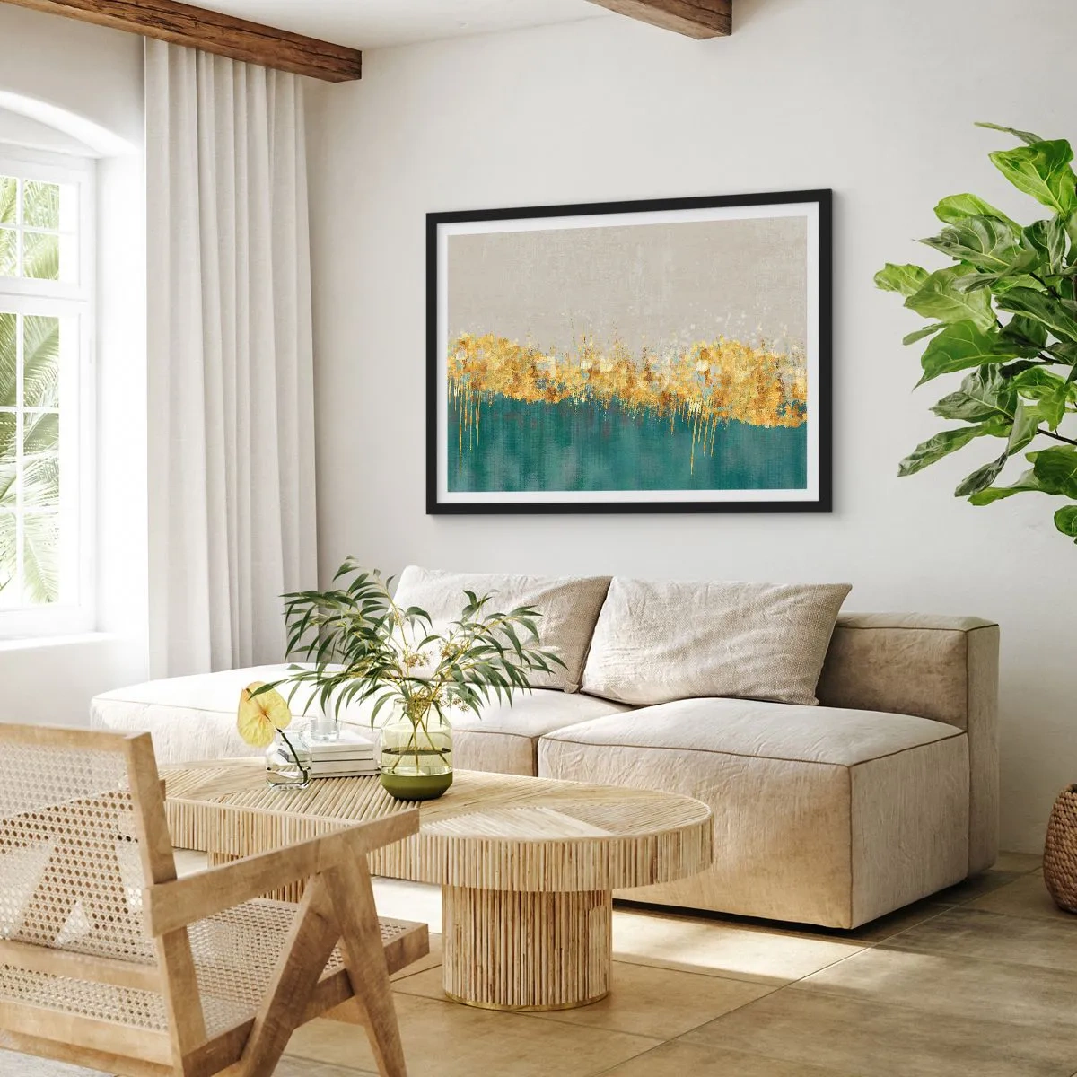 Poster in einem schwarzem Rahmen - Goldene Akzente auf grün-beigem Untergrund - 100x70cm - Goldener Rand - Moderne Wanddekoration für Wohnzimmer und Schlafzimmer ARTTOR