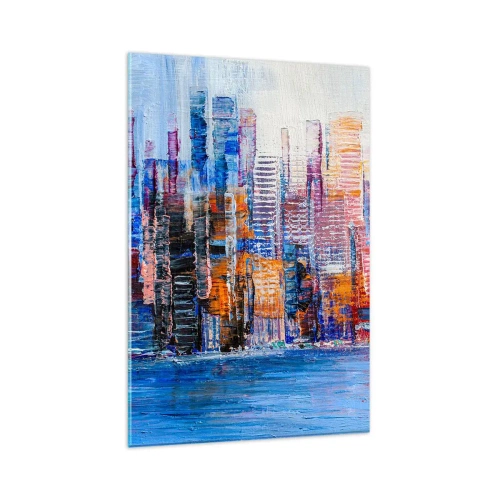 Glasbild - Bild auf glas - Ein farbenfrohes Panorama der Stadt mit Spiegelungen auf dem Wasser - 80x120cm - Fröhliche Metropole - Moderne Wanddekoration für Wohnzimmer und Schlafzimmer ARTTOR