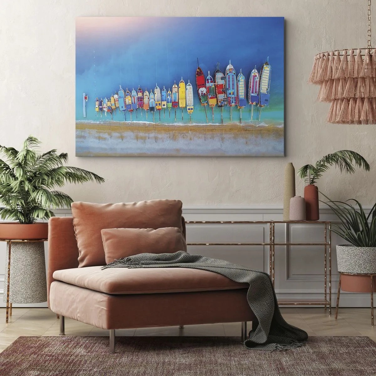 Bild auf Leinwand - Leinwandbild - Bunte Boote in einer Reihe am Ufer aufgereiht - 70x50cm - Aus der Vogelperspektive - Moderne Wanddekoration für Wohnzimmer und Schlafzimmer ARTTOR