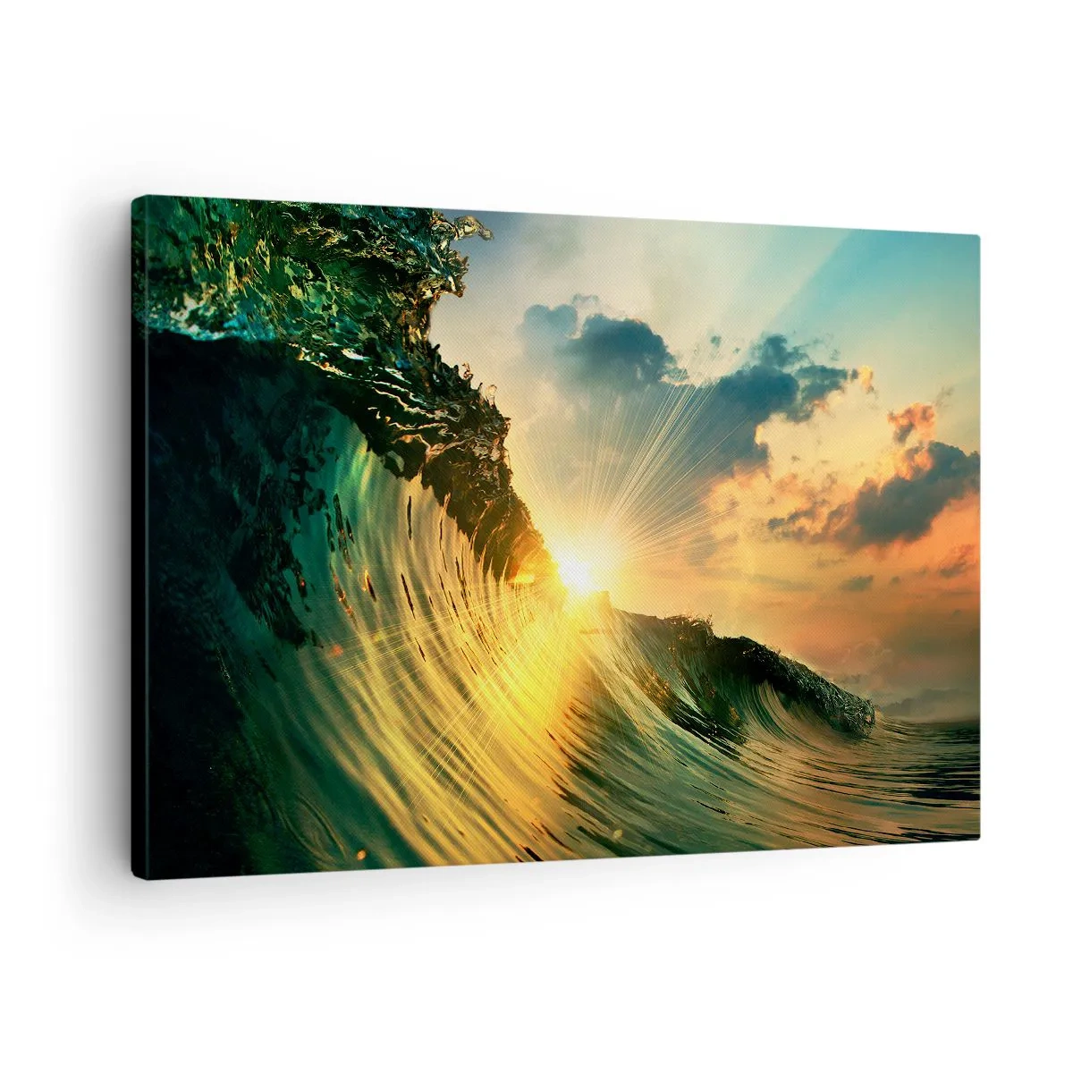 Bild auf Leinwand - Leinwandbild - Eine Welle mit untergehender Sonne und beleuchteten Wolken - 70x50cm - Surfer, wo bist du? - Moderne Wanddekoration für Wohnzimmer und Schlafzimmer ARTTOR